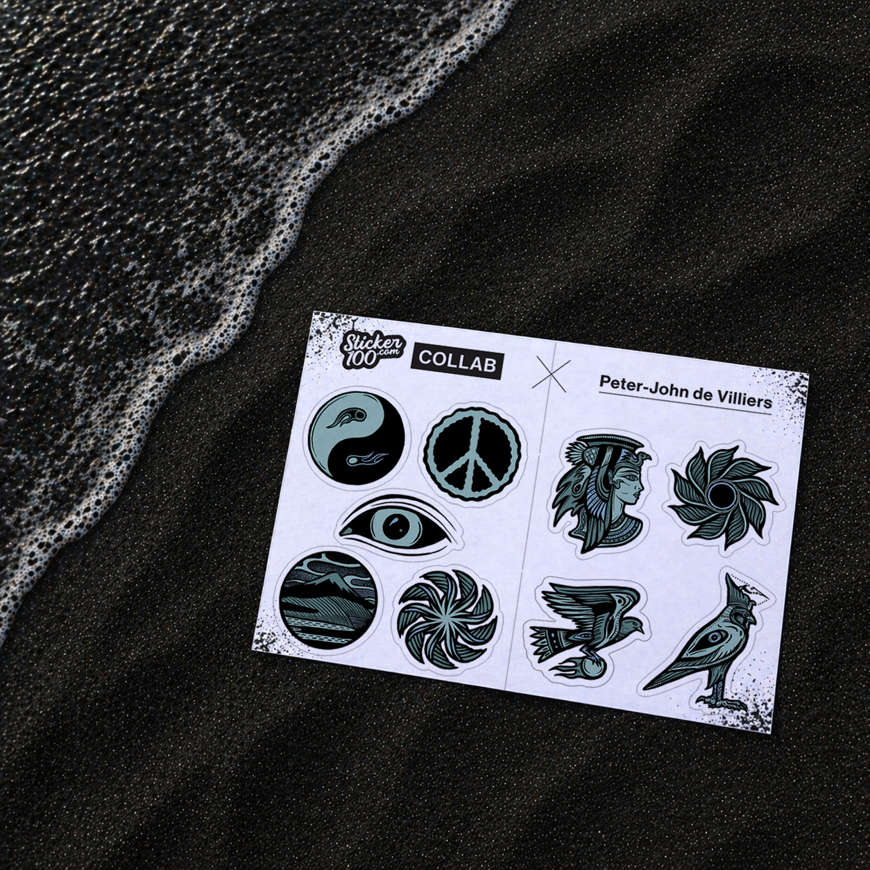 Sheet of Limited Edition Stickers with designs of Peter-John (P.J.) de Villiers on a black beach in black sand. Set 2