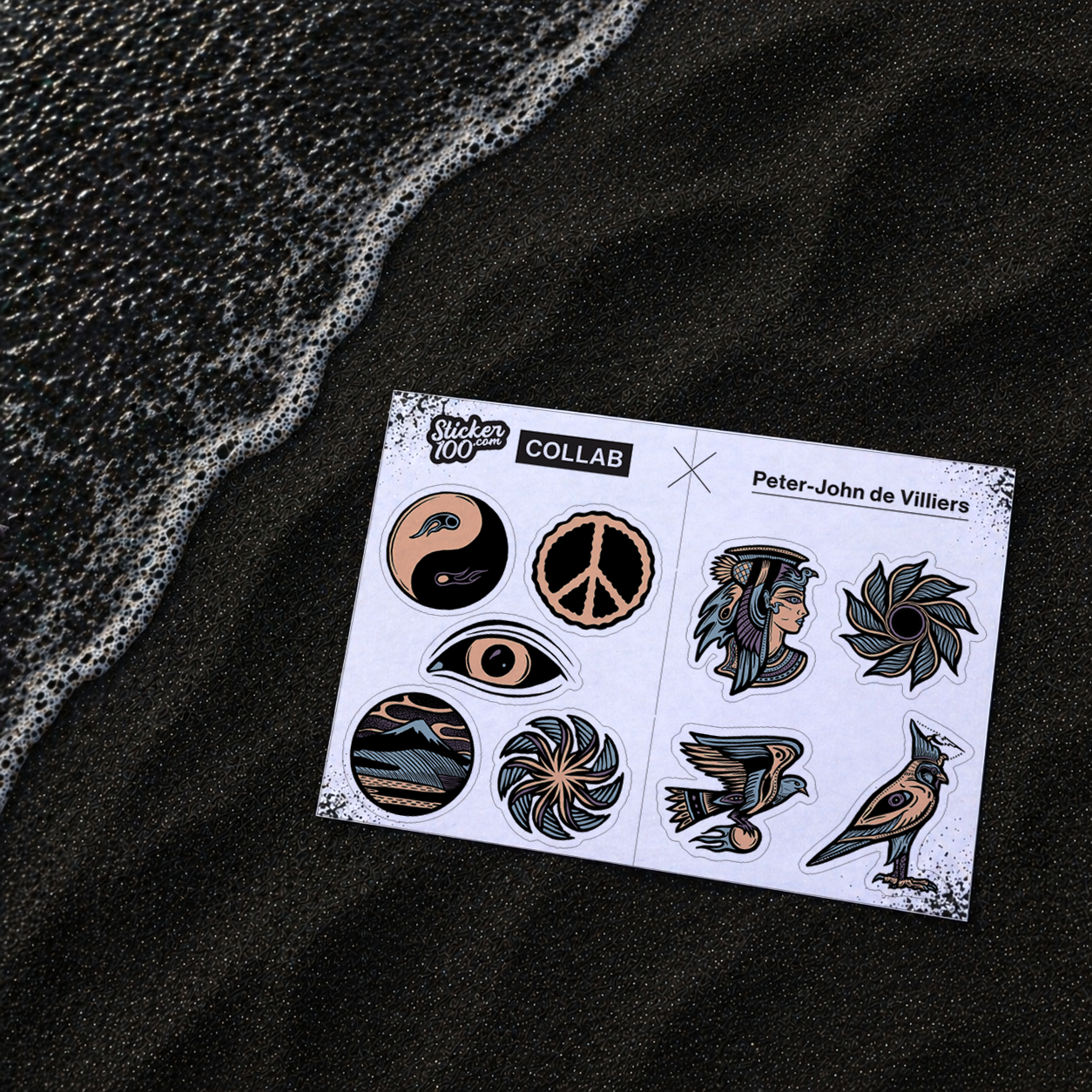 Sheet of Limited Edition Stickers with designs of Peter-John (P.J.) de Villiers on a black beach in black sand. Set 1