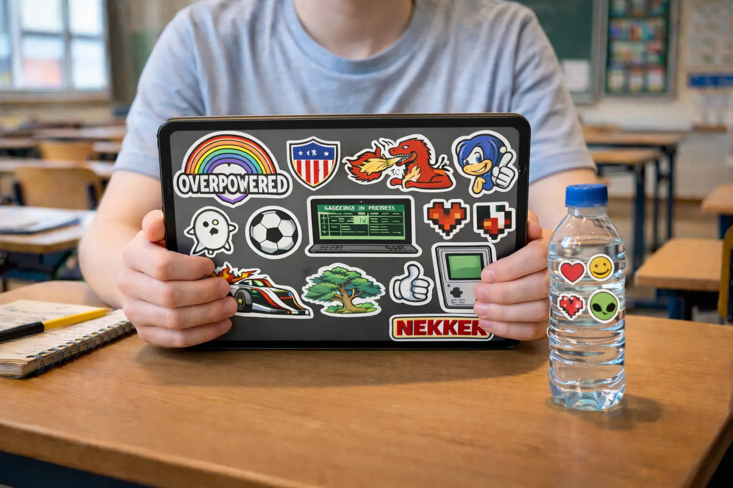 Person holding a tablet with stickers in a classroom setting
