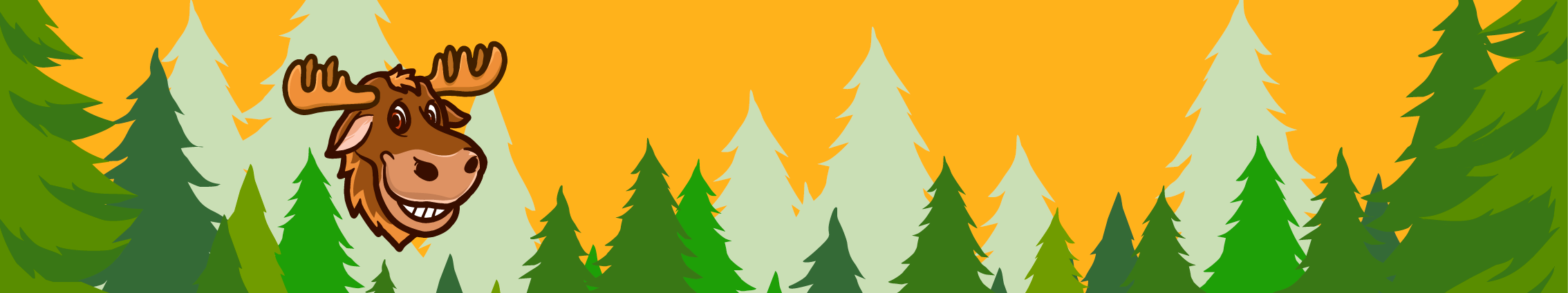 Moose illustration in a forest with green trees and an orange sky