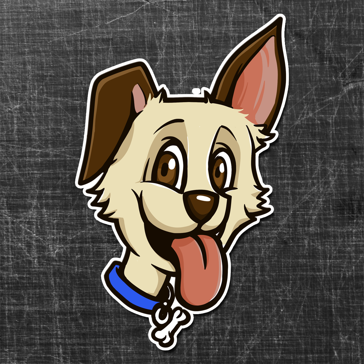 Sticker of a Dog with a blue collar with a bone pendant hanging on it.