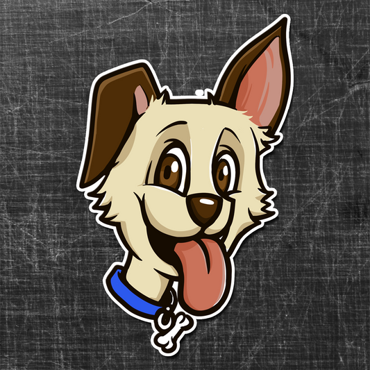 Sticker of a Dog with a blue collar with a bone pendant hanging on it.