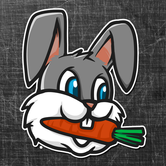 Sticker on a textured background of a bunny that is holding a carrot in his or her mouth