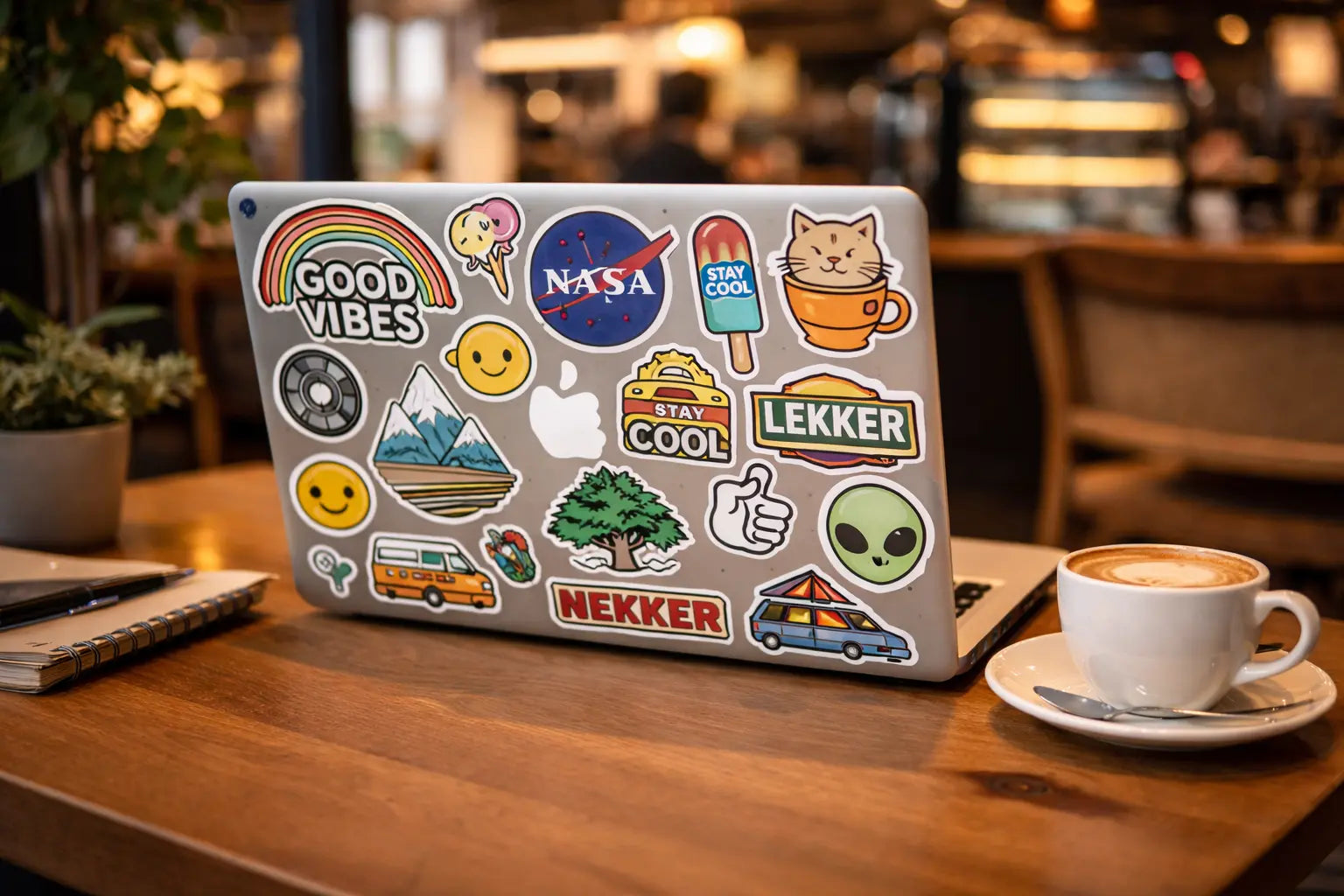 Laptop with various stickers on a wooden table with a cup of coffee