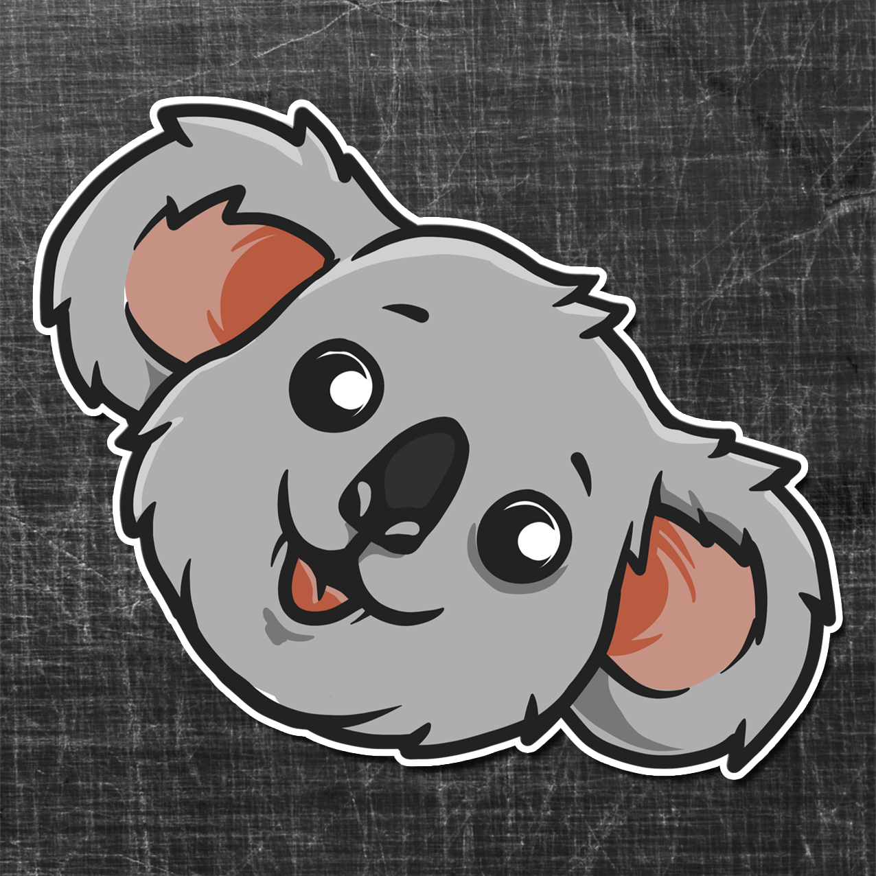 Sticker on a textured background of a grey, happy Koala