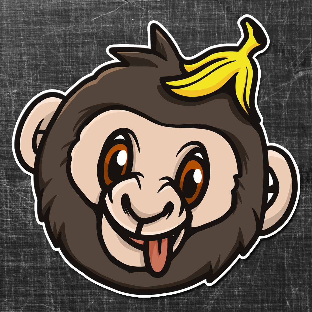 Sticker on a textured background of a monkey with a banana on his head