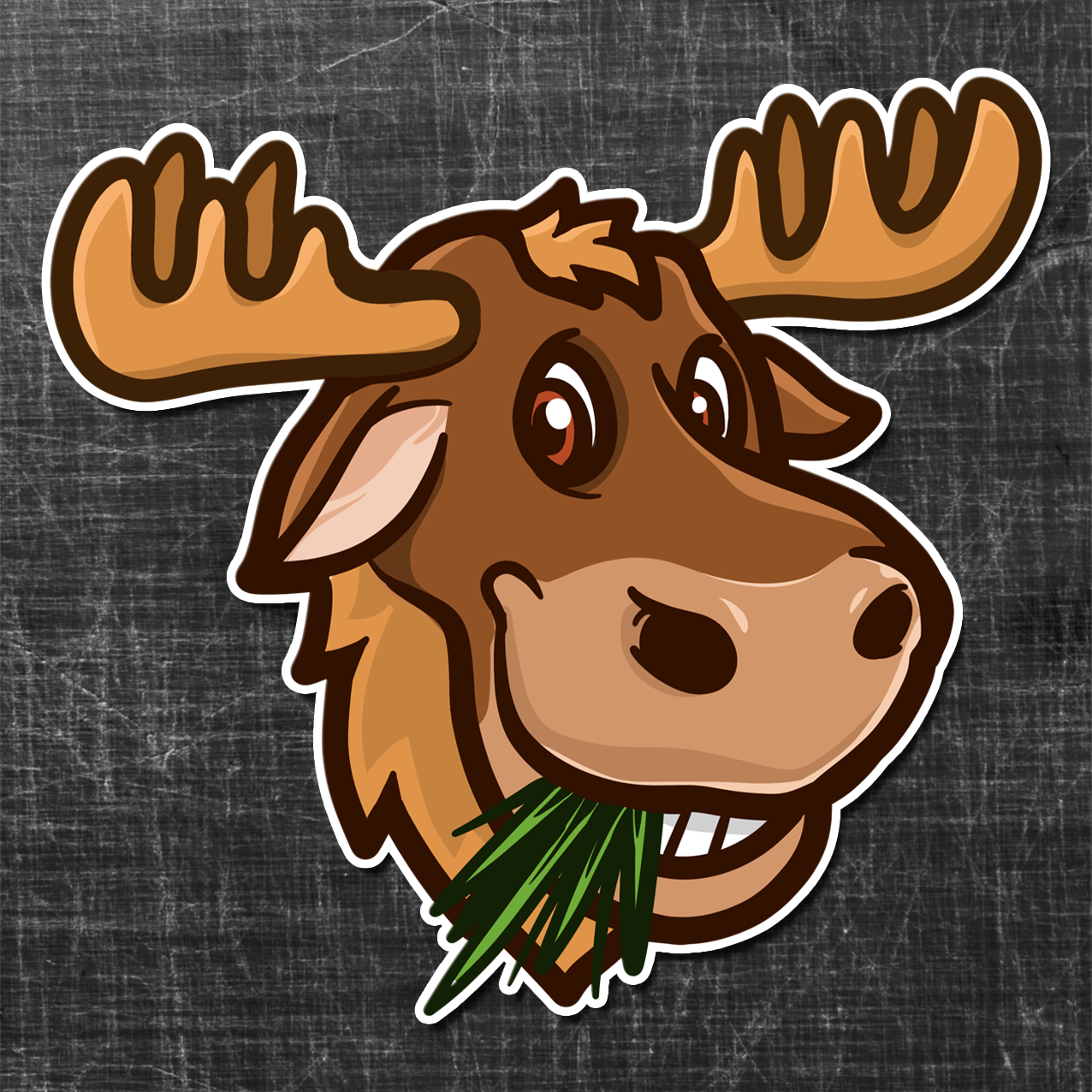 Sticker on a textured background of a Moose with grass in his mouth