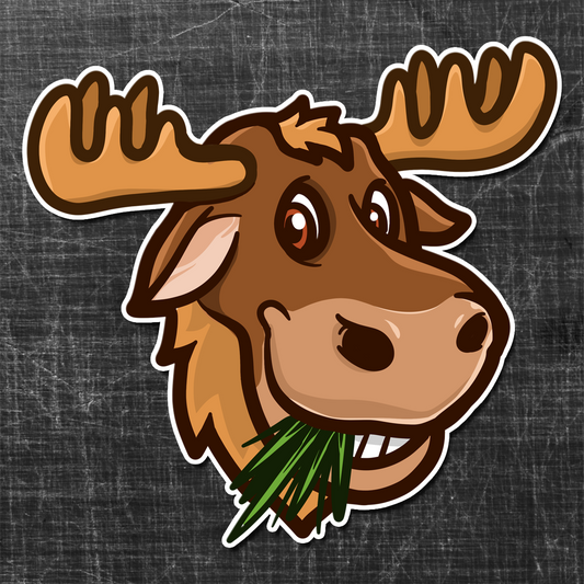 Sticker on a textured background of a Moose with grass in his mouth