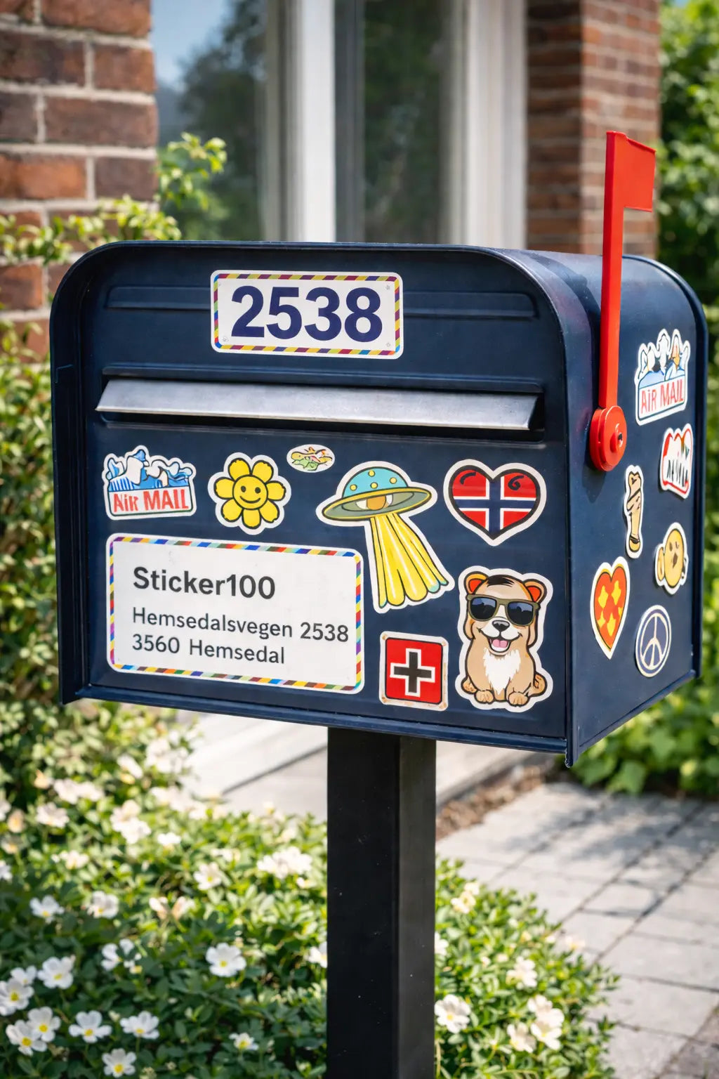 Decorative mailbox with stickers in front of a brick building