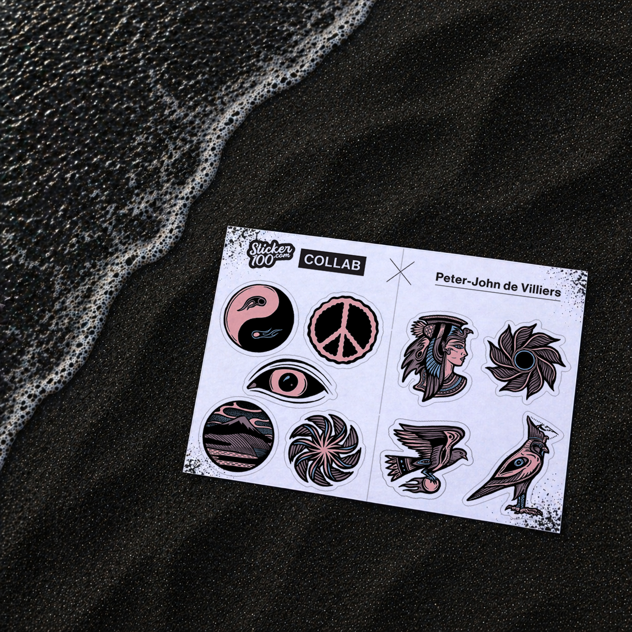 Sheet of Limited Edition Stickers with designs of Peter-John (P.J.) de Villiers on a black beach in black sand. Set 3