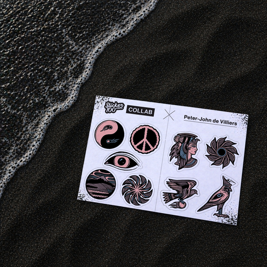 Sheet of Limited Edition Stickers with designs of Peter-John (P.J.) de Villiers on a black beach in black sand. Set 3