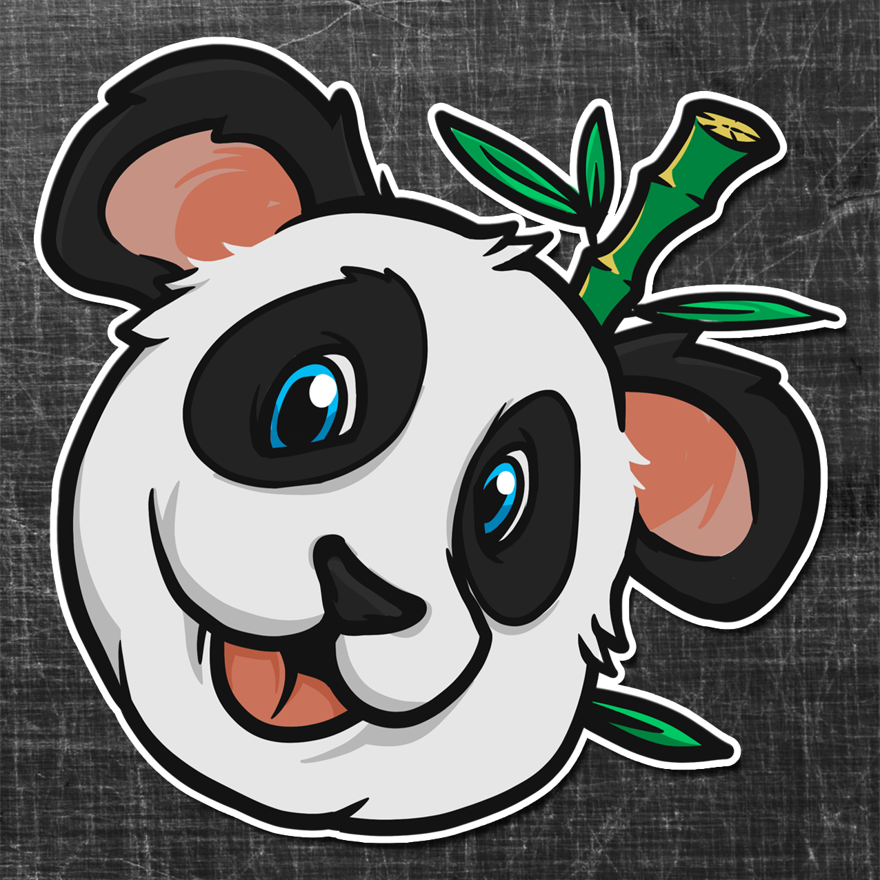 Sticker on a textured background of a comic Panda with a bamboo stick