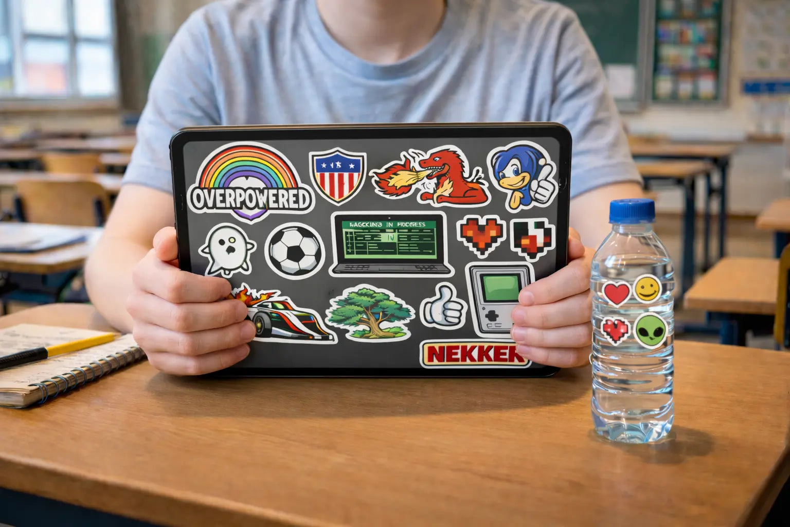 Person holding a tablet with stickers in a classroom setting