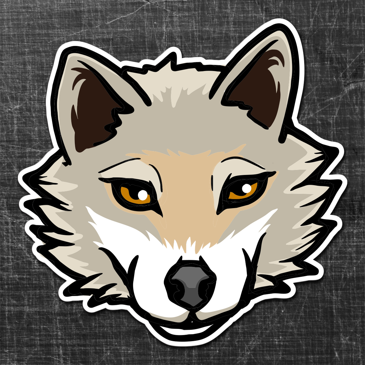 Cartoon wolf face sticker on a textured gray background